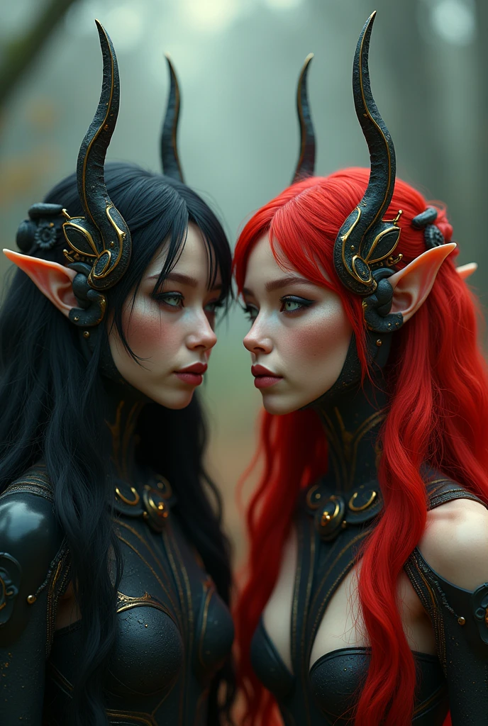 meeting with the mechanical elves overlords (([red|black] hair)), long hair, look at viewer,  (soothing tones:1.0), (hdr:1.25), (artstation:1.2), dramatic, (intricate details:1.14), (hyperrealistic 3d render:1.16), (filmic:0.55), (rutkowski:1.1), (faded:1.3)