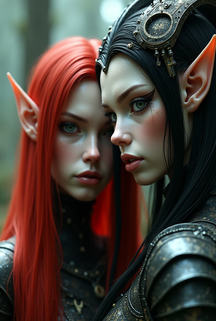 meeting with the mechanical elves overlords (([red|black] hair)), long hair, look at viewer,  (soothing tones:1.0), (hdr:1.25), (artstation:1.2), dramatic, (intricate details:1.14), (hyperrealistic 3d render:1.16), (filmic:0.55), (rutkowski:1.1), (faded:1.3)