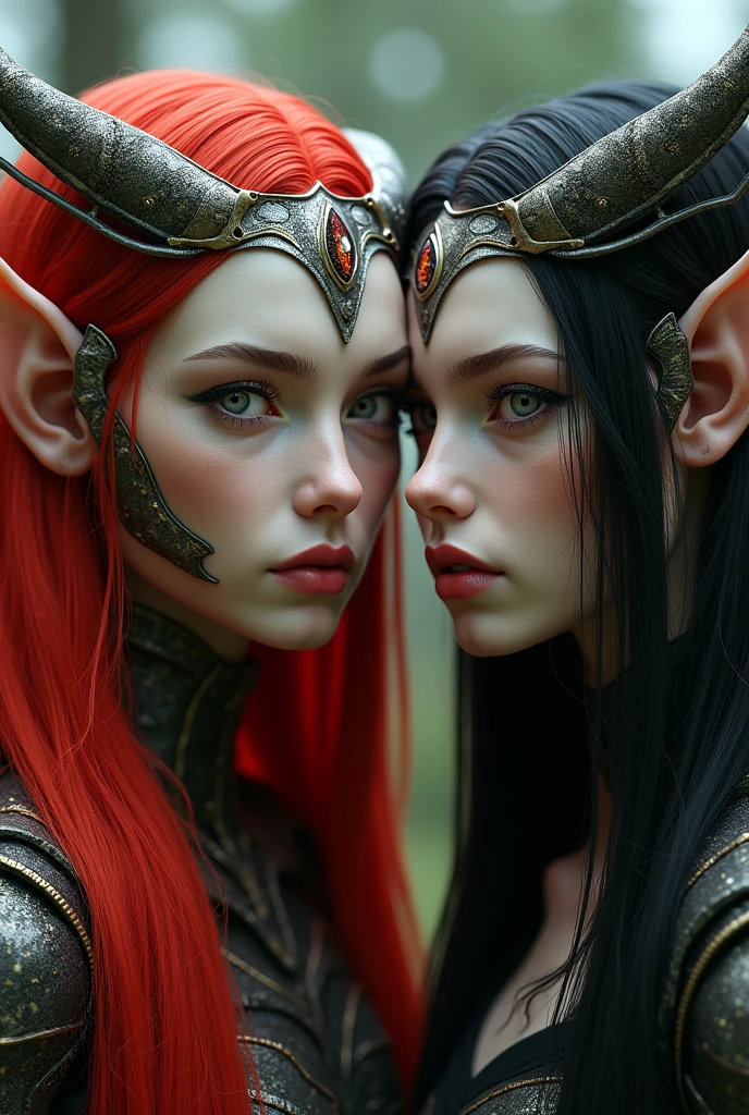 meeting with the mechanical elves overlords (([red|black] hair)), long hair, look at viewer,  (soothing tones:1.0), (hdr:1.25), (artstation:1.2), dramatic, (intricate details:1.14), (hyperrealistic 3d render:1.16), (filmic:0.55), (rutkowski:1.1), (faded:1.3)