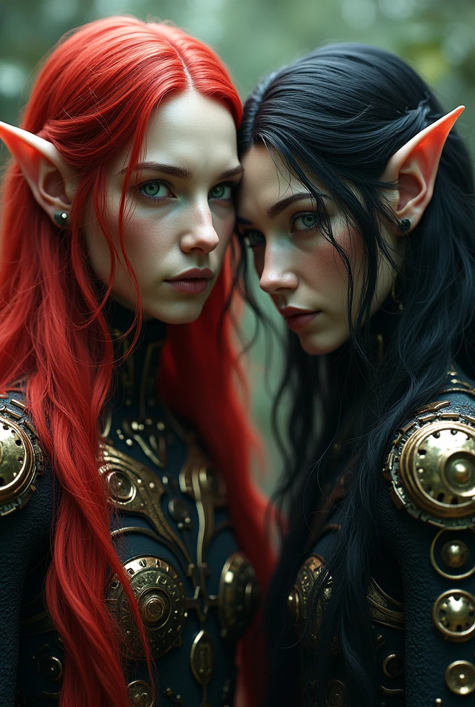 meeting with the mechanical elves overlords (([red|black] hair)), long hair, look at viewer,  (soothing tones:1.0), (hdr:1.25), (artstation:1.2), dramatic, (intricate details:1.14), (hyperrealistic 3d render:1.16), (filmic:0.55), (rutkowski:1.1), (faded:1.3)
