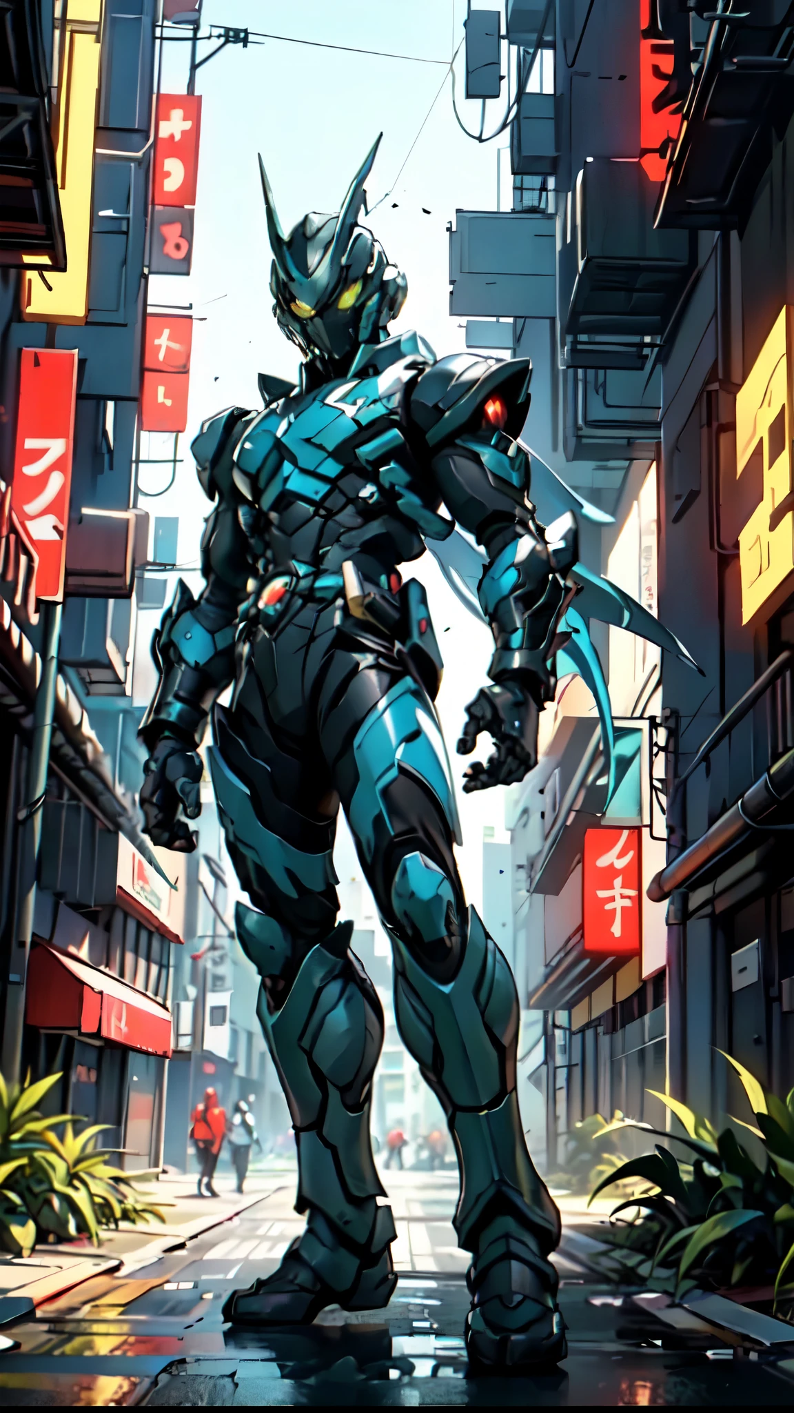 (masterpiece:1.5, best quality:1.5, extremely delicate:1.5), a man wearing a full-face helmet, a fantasy-style biotech armored combat suit, green eyes, (a composite layered chest armor), fully enclosed shoulder guards, matching arm and leg guards, belt of Neon circuit, (the color scheme is primarily blue with red and black accents), the design balances heavy with agility, a high-tech bio-mecha armor, (Armor Concept Inspired by neon Cyberpunk, stand on the top of a skyscraper in a futuristic sci-fi city), this character embodies a finely crafted fantasy-surreal style armored hero in anime style, exquisite and mature manga art style, (element, plasma, energy, the armor glows), ((male:1.5)), metallic, high definition, highres, ultra-detailed, ultra-fine painting, professional, perfect body proportions, golden ratio, anatomically correct, symmetrical face, extremely detailed eyes and face, high quality eyes, creativity, RAW photo, UHD, 32k, Natural light, cinematic lighting, masterpiece-anatomy-perfect