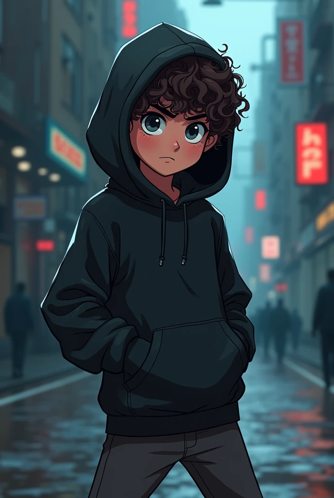 Boy short curly hair 1,73 fighting a boy in a black hoodie mystery background day road cartoon style