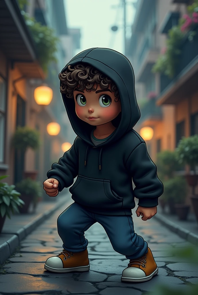 Boy short curly hair 1,73 fighting a boy in a black hoodie mystery background day road cartoon style