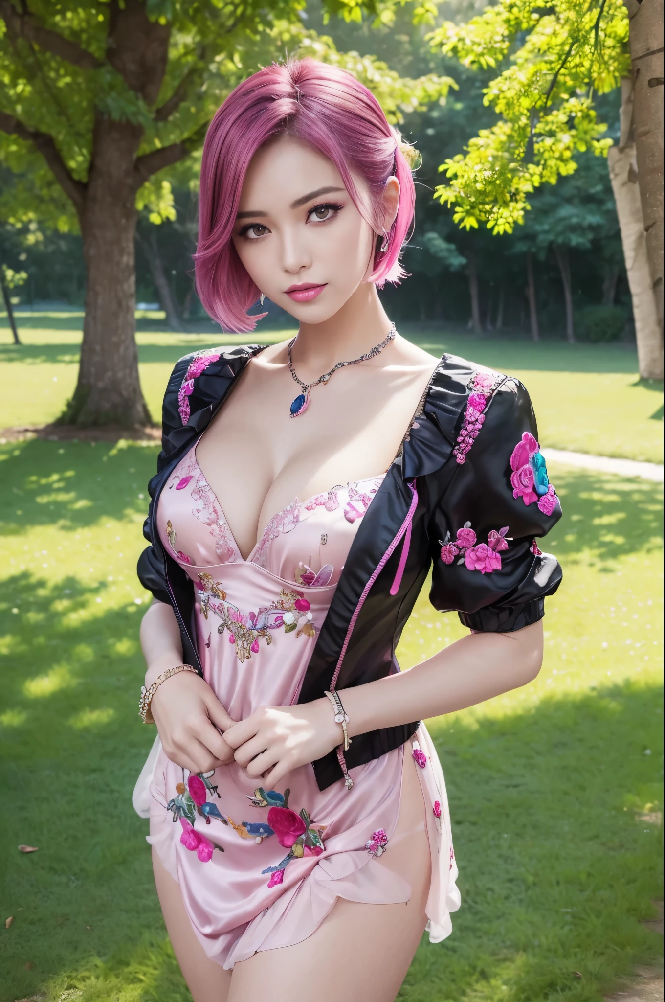 (masterpiece:1.4), (best quality:1.4), ultra high res, ultra high resolution, ((detailed facial features)), HDR, (realistic, photorealistic, photo-realistic:1.37), full body Esbian, sexy swedish model, (-anime), only 1 model, (vivid colors), ((vivid colors multicolor (fuchsia, pink, light purple) very short hair)), ((beautiful smile)), lip-gloss, long lashes, ultra detailed makeup, defined eyebrows, wearing large sparkling colorful jewelery, wearing a red silk Paradise Kiss cosplay dress with black floral embroidery, ((vivid colors outfit)), (vivid colors), look at the camera, cinematic light, large park background with trees, sweet and sexy pose