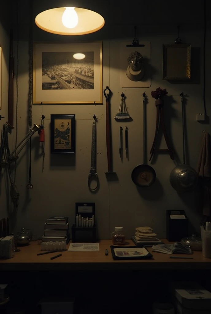 ((Japan))A dimly lit human body workshop in、((Old photos on the wall))、その写真はJapan人剥製師とJapan人の若い女性とのツーショットの笑顔の写真だった、That&#39;s how it is々Tools were hanging(((It was pinned to the wall of the workshop.)))