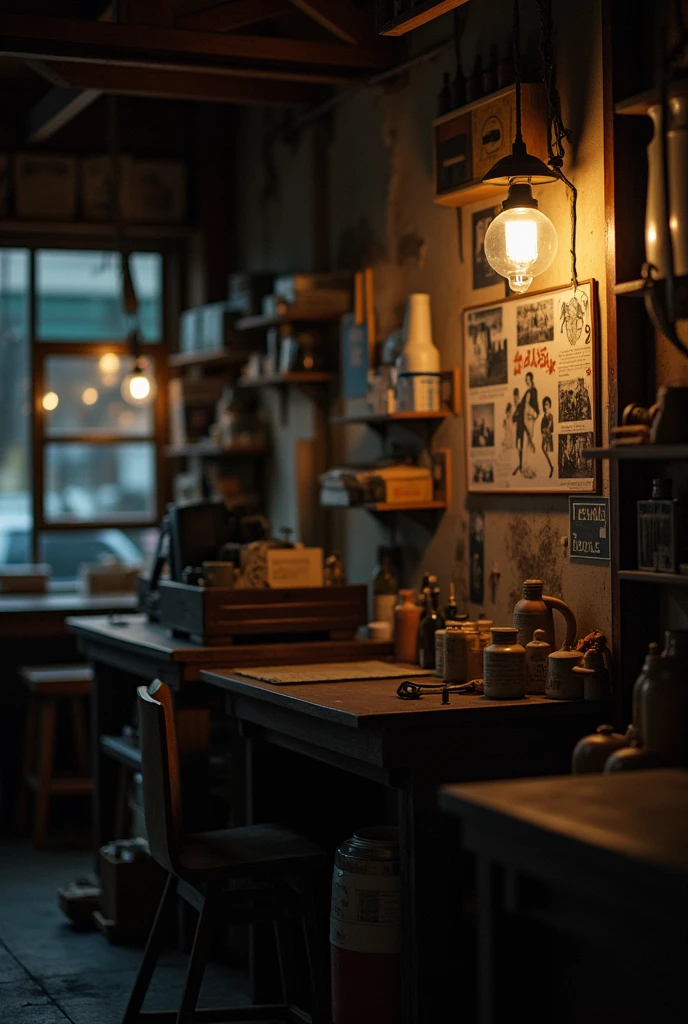 ((Japan))A dimly lit human body workshop in、((Old photos on the wall))、その写真はJapan人剥製師とJapan人の若い女性とのツーショットの笑顔の写真だった、That's how it is々Tools were hanging(((It was pinned to the wall of the workshop.)))