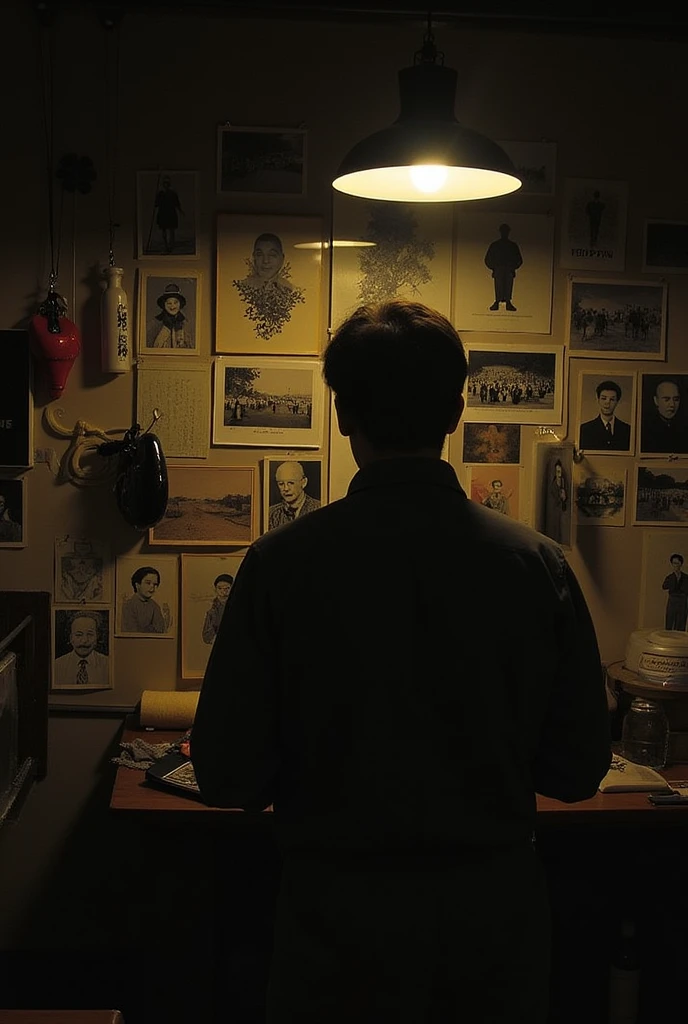 ((Japan))A dimly lit human body workshop in、((Old photos on the wall))、その写真はJapan人剥製師とJapan人の若い女性とのツーショットの笑顔の写真だった、That's how it is々Tools were hanging(((It was pinned to the wall of the workshop.)))