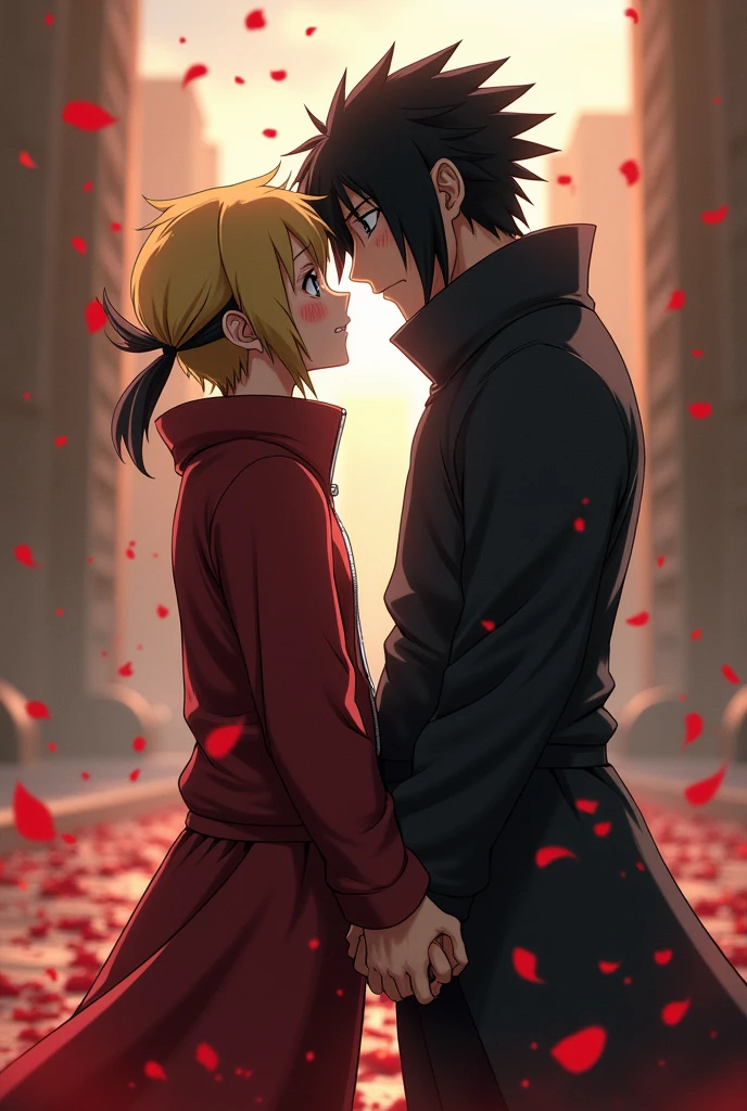Naruto Uzumaki a little taller than Sasuke Uchiha, looking into each other's eyes with love and with details of blood splatter and rose petals