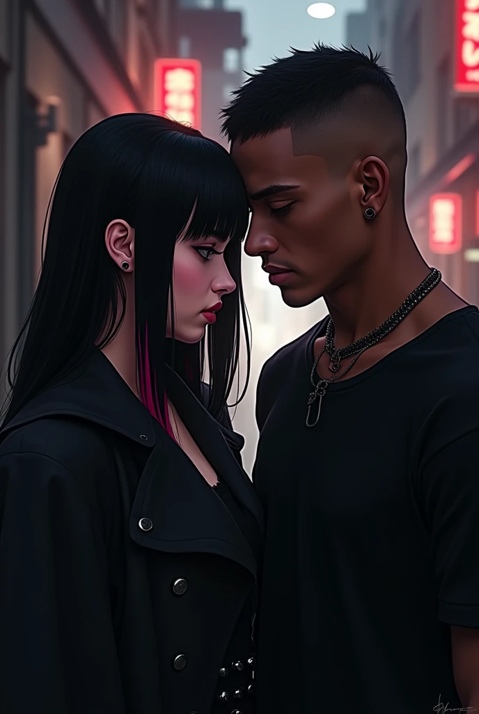 e-girl with a black coat, straight hair with a few strands of hair dyed a little pink, a little towards red, with the rest of her hair black, a little of that color on the bangs, and a dark-skinned man with short hair shaved on the side, with a thick cord, with a black blouse