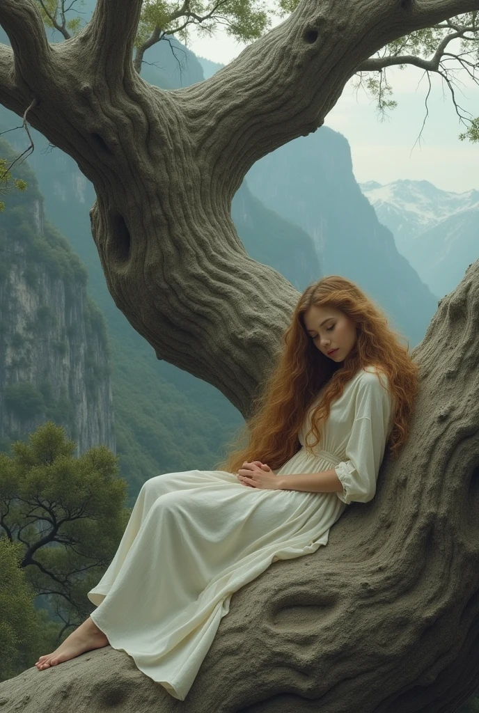 Long-haired girl leaning against a mountain tree