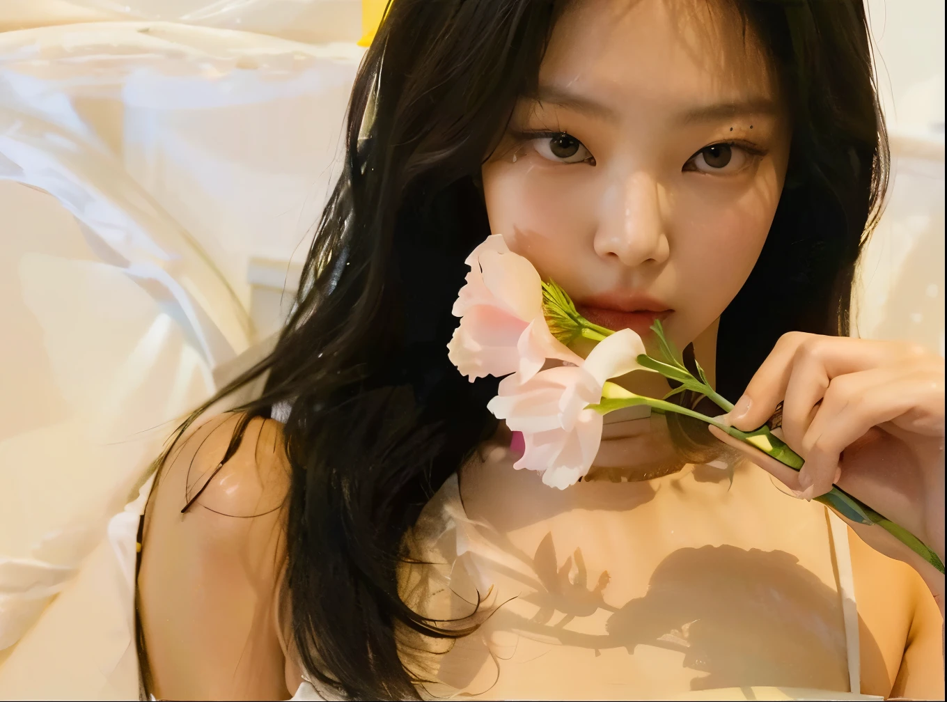 Hay una mujer con un sujetador sosteniendo una flor, Blackpink Jennie, con flores, Jinyoung Shin, Heonhwa Choe, Gemma Chen, Jaeyeon Nam, Sha Xi, Wenfei Ye, Gongbi, con flores congeladas a su alrededor, Taejune Kim, Jossi de Blackpink, sosteniendo una flor, Parque Roseanne de Blackpink, Lulu Chen, Xintong Chen