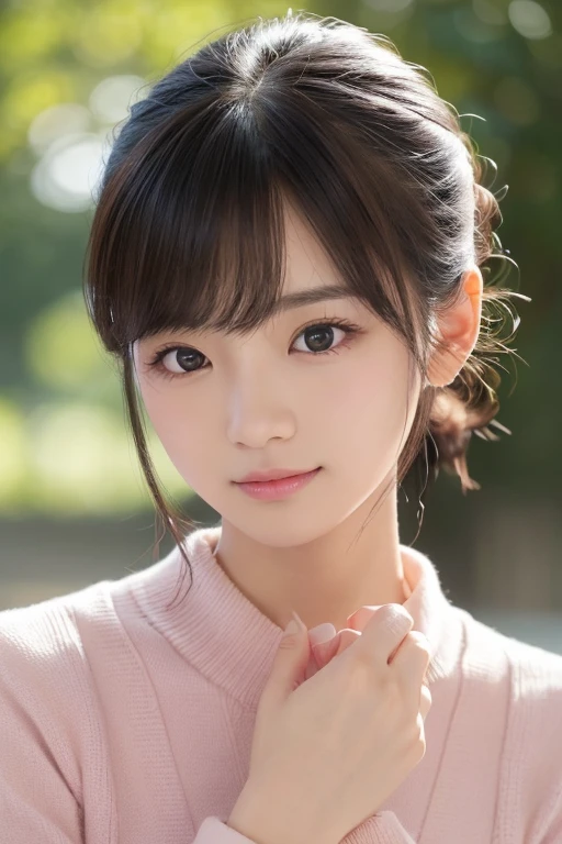 高品質in超リアルなポートレート。彼女は小さく繊細な顔立ちin、I have a slightly round face shape。Her expressive almond eyes gaze kindly and warmly.、私は眉毛が強いinす。肌は無垢in透き通るような白さin、It has a natural shine。(彼女の髪は茶色inピクシーカット:1.5)in、シンプルinエレガントに整えられています。メイクはナチュラルin、Light foundation and subtle blush、Uses a soft pink lip color。ライティングはソフトin自然な光を使用し、Accentuating facial features、Do not emphasize shadows。背景はシンプルinぼかしたグラデーションin、Focus on the face。