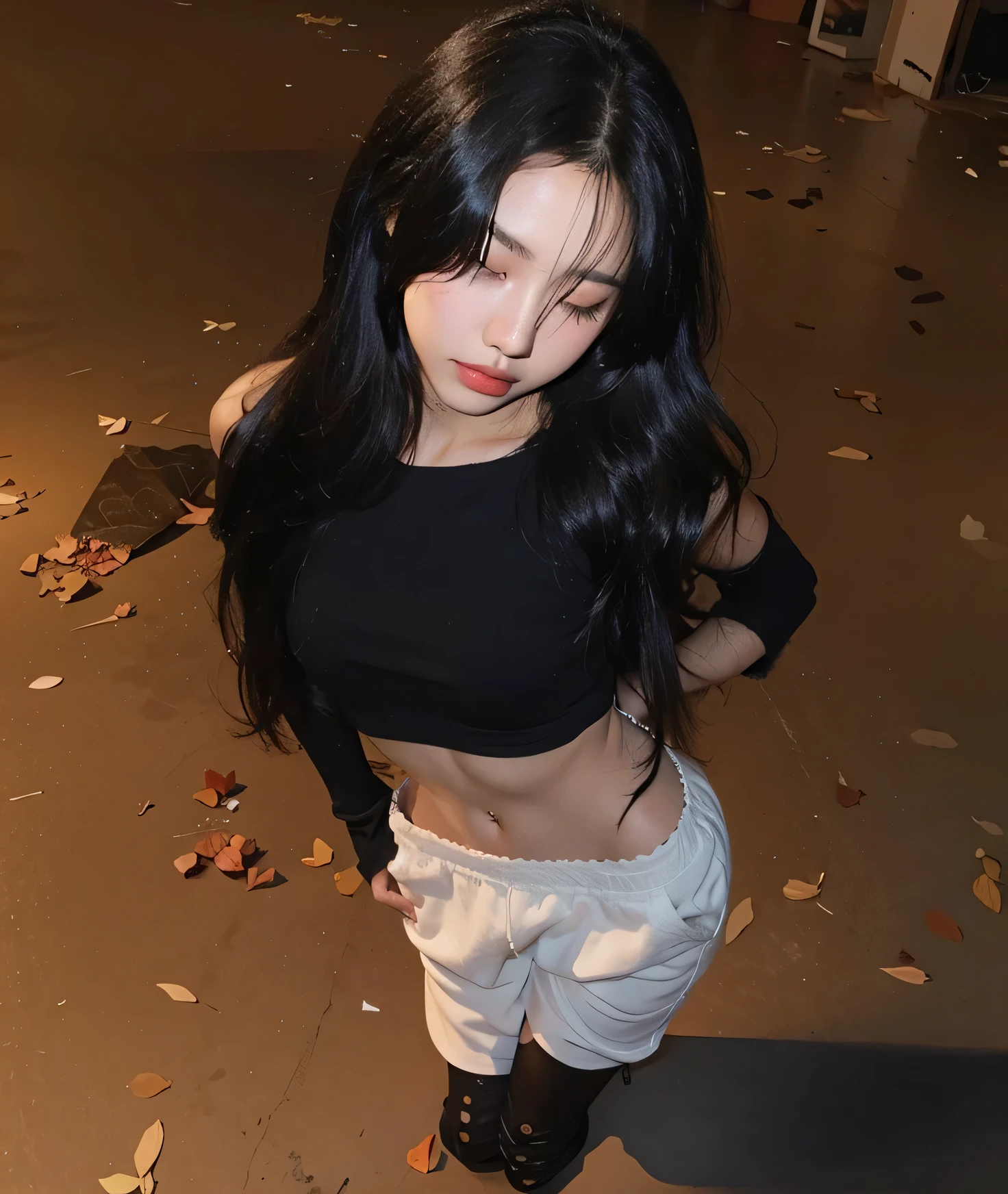 a beautiful girl is squatting on the grass over the viewer, wearing a loose crop top and gym skirt, (black transparent， lace panties)，panties, hair styled in a (half updo:1.1), sweaty skin, shiny skin, prefect face, blush, navel, happy, looking at viewer, from below, perfect eyes, highly detailed beautiful expressive eyes, detailed eyes