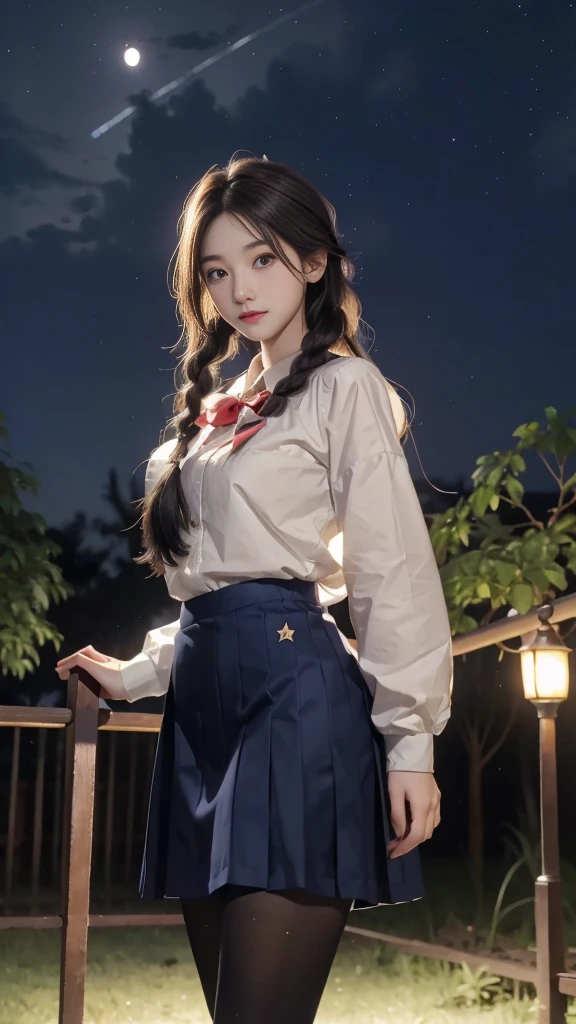 ulzzang-6500-v1.1, (RAW photo: 1.2), (Real photo), (Real photo: 1.4), 1 girl、Perfect ???????、19 years old、Looking at the camera、Medium length hair、side braids, uniform short skirt, in a surreal royal garden, with many hanging lanterns, under the starry night sky, ((starry night: 1.1))、(Surreal tights: 1.2), (Business service)、Asian eyes Ella,