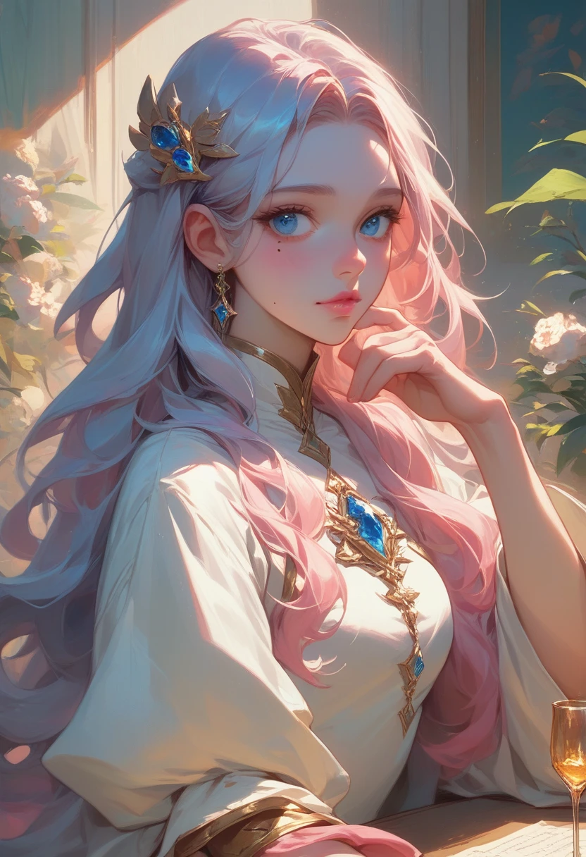 best quality, masterpiece, pink loose long hair, blue eyes,white dress with a gold thin-robe, for accessories waa a silver and sapphire ornament, upper body,Fair skin, a mole under left eye,pink lips, a mage girl around 12 years old, stood up across the table, surroundings by potions

