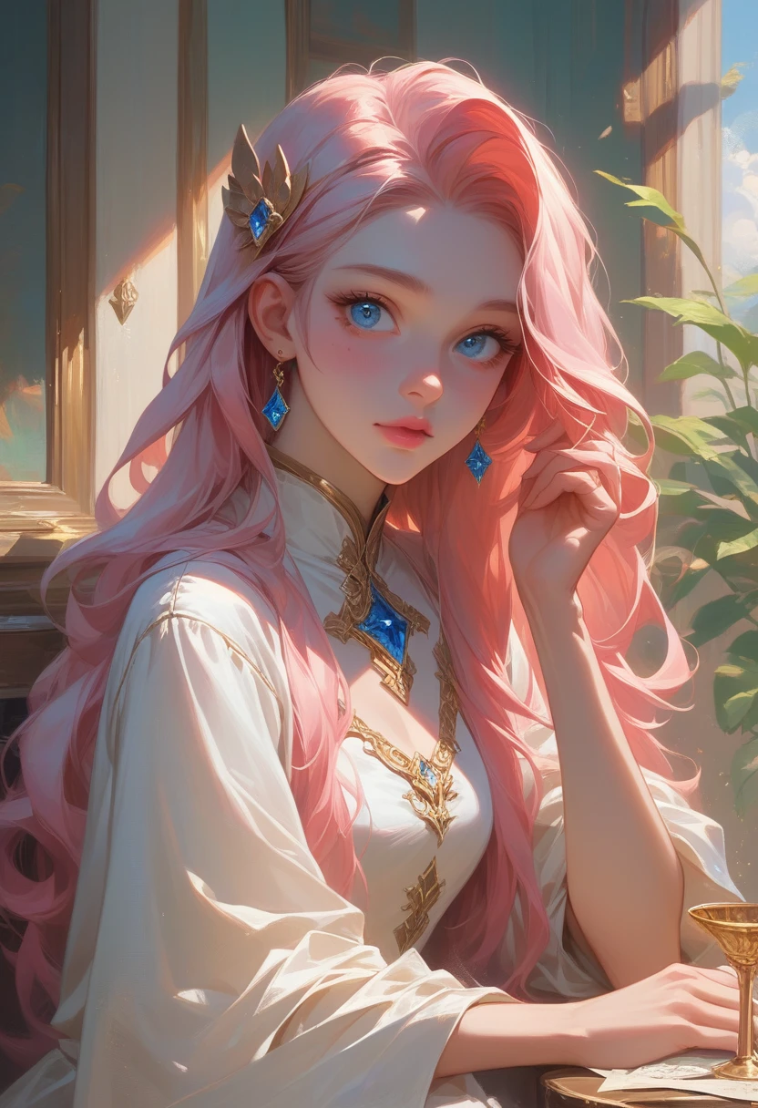 best quality, masterpiece, pink loose long hair, blue eyes,white dress with a gold thin-robe, for accessories waa a silver and sapphire ornament, upper body,Fair skin, a mole under left eye,pink lips, a mage girl around , stood up across the table, surroundings by potions