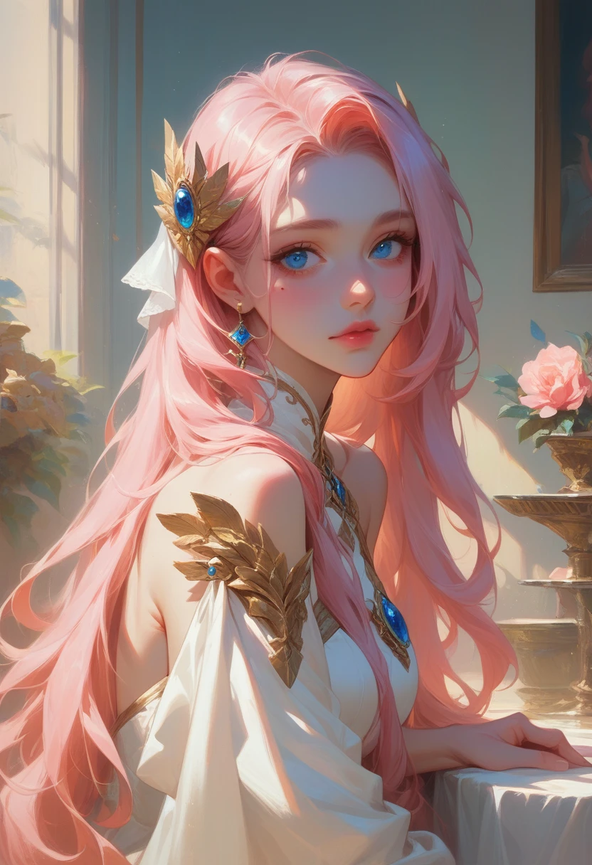 best quality, masterpiece, pink loose long hair, blue eyes,white dress with a gold thin-robe, for accessories waa a silver and sapphire ornament, upper body,Fair skin, a mole under left eye,pink lips, a mage girl around , stood up across the table, surroundings by potions
