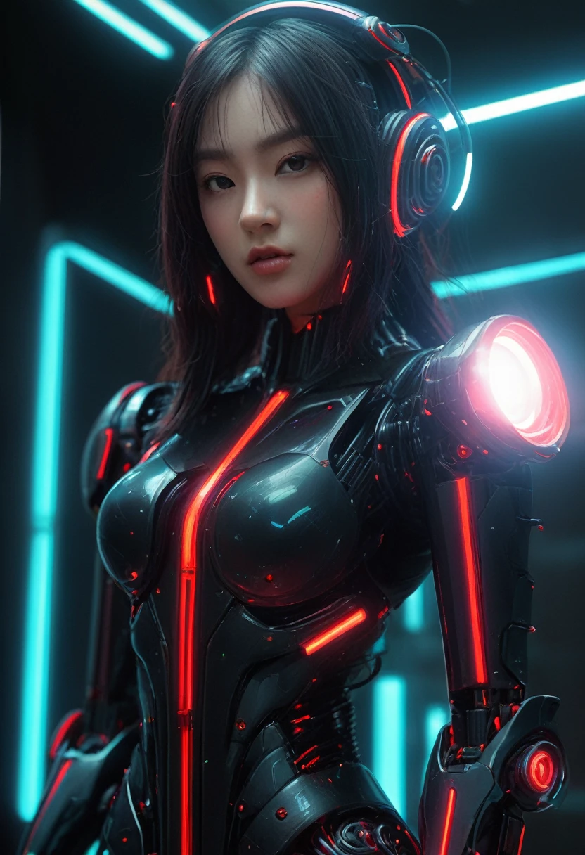 xxmixgirl. Highly detailed professional 35mm film, bokeh, face in sharp focus. A robotic female, Miku, with ((metal skin)), ((perfect Asian eyes)) with magenta irises and ((black pupils)), beautiful serious (detailed face), 18 year old ((photorealistic face)), very long magenta twin tails of magenta hair, twin black hair ties with a single red stripe. She may have a black audio headpiece. We can see her ((full body)) down to her boot soles. Her outfit is a sleeveless collared light grey shirt, outlined in red around the frilled collar and hems. Shiny reflective ((metallic breast cups, dimpleless)), invisible nipples. She wears black sleeves with red hems that start around her upper arm and bellow out as the sleeves open and extend to her wrists, with wide trumpet red rimmed cuffs. She has perfect robotic (detailed hands). She wears a red colored tie with two horizontal solid parallel black lines halfway across. She wears a fabric black skirt with a horizontal red hem at the bottom all the way around; her (((black skirt wraps around her))) and ((her skirt completely covers)) her robotic waist and thighs. Tall black boots with red bottom soles, a red rim around the top at her thighs. Her mechanical shoulder joints are visible. We can see her robotic legs and robotic neck. Half of her is covered with shiny polished machinery. The background is a distant dark neon futuristic Japanese city, gold, cyan, violet neon, near harbor or mountains.