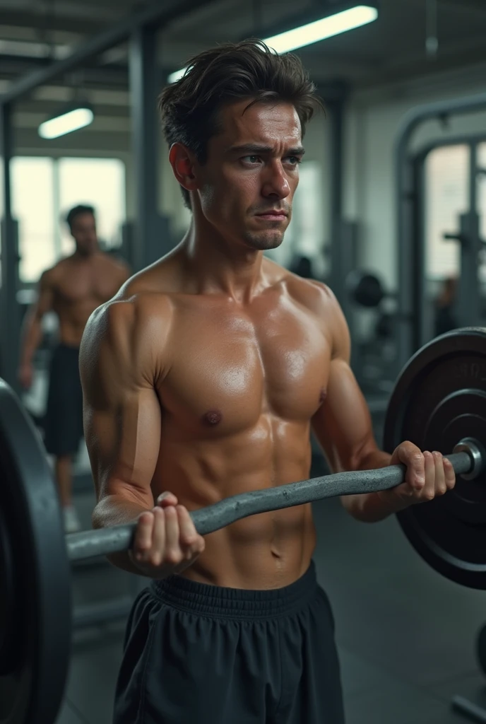 Weak young man in gym lifting weights