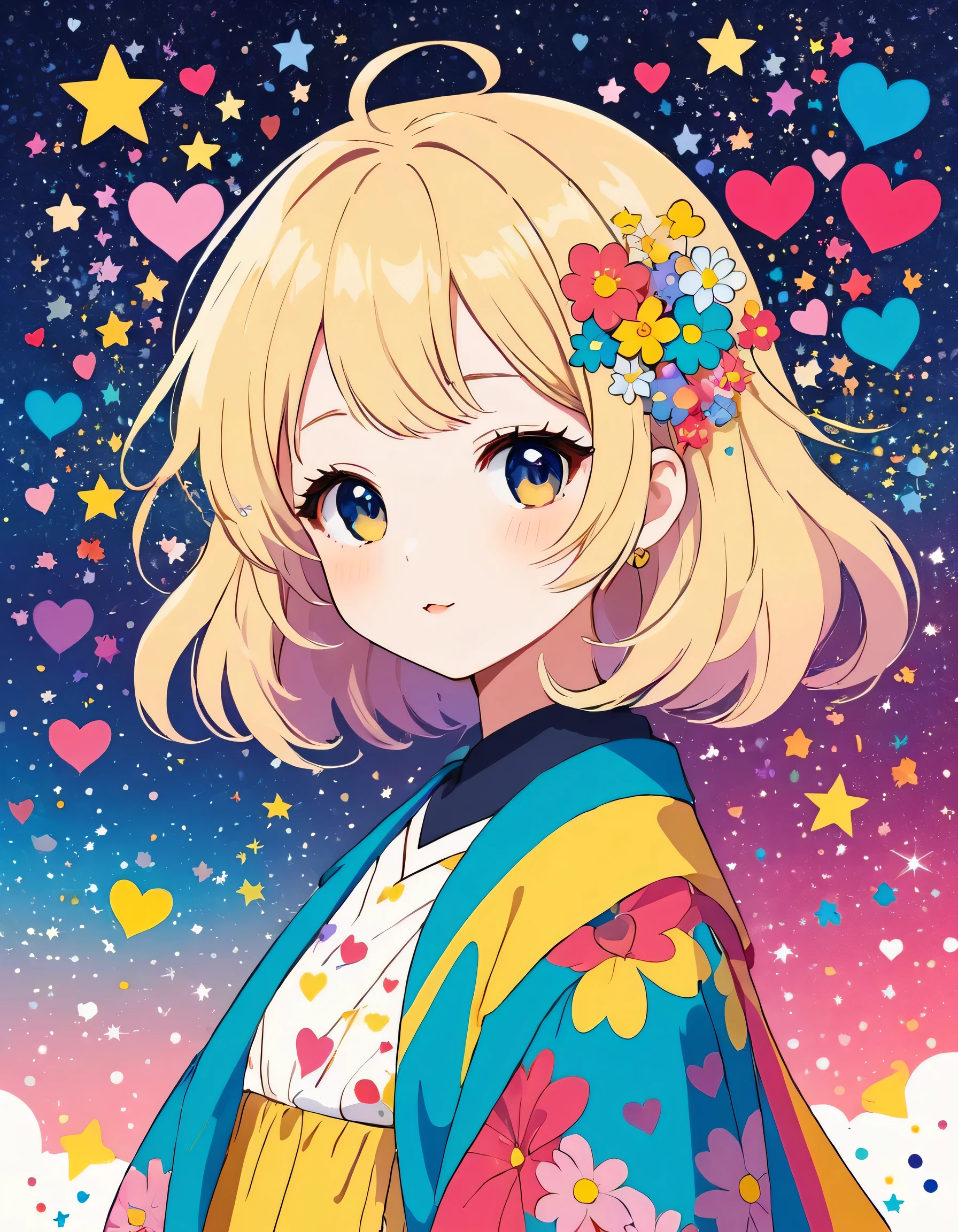 Mika Pikazo style, Simple Line Initialism,Abstract art,Kawaii Design, The most beautiful girl of all time、chibi, The background is star dust, colorful hearts, colorful flowers,