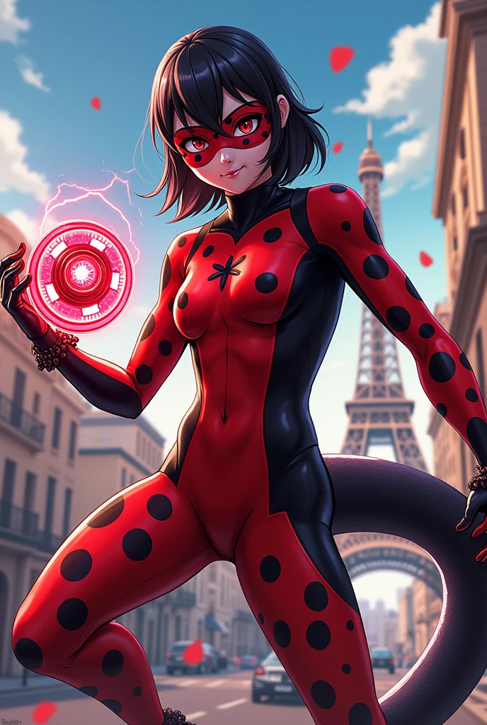 ladybug, twintails, polka dots suit and mask, looking back, blush