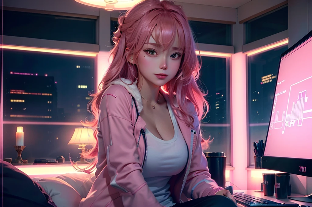 One is a trader, pink theme, anime styling, computer, livingroom, in the computer screen is chart stock night light , (highy detailed:1.2), (warm light:1.2), work of art, ultra realistic,32 mil, Extremely detailed CG 8k unity wallpaper, best qualityer (work of art,best qualityer:1.5)