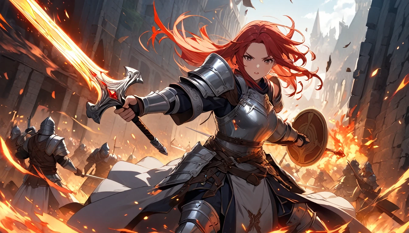**170. One person。Warrior battle scene。Medieval fantasy world。Cowboy shot or close-up。
masterpiece, best quality, ultra detailed (Detailed fingers), (Emotional), (Breathtakingly beautiful),
(main part: 1.2 Whole body。), (Anime Style), (Very detailed), (Brutal),
(超High resolution, High resolution), (8k), (High resolution: 1.2), (Complex and beautiful: 1.2)**
- background: Medieval Battlefields、Burning walls and flying sparks of battle。
- Hero: Armored Warrior、Holding a shining sword and shield。
-pose: The moment to face the enemy、A powerful pose with the sword raised high。
-expression: A brave and determined look、It makes you feel ready for battle.。
- Effects: The light of the sword and the smoke of the battlefield create dynamic battle scenes.。
-color: Sharp silver and red flames、Powerful contrast reflects the intensity of the battlefield。