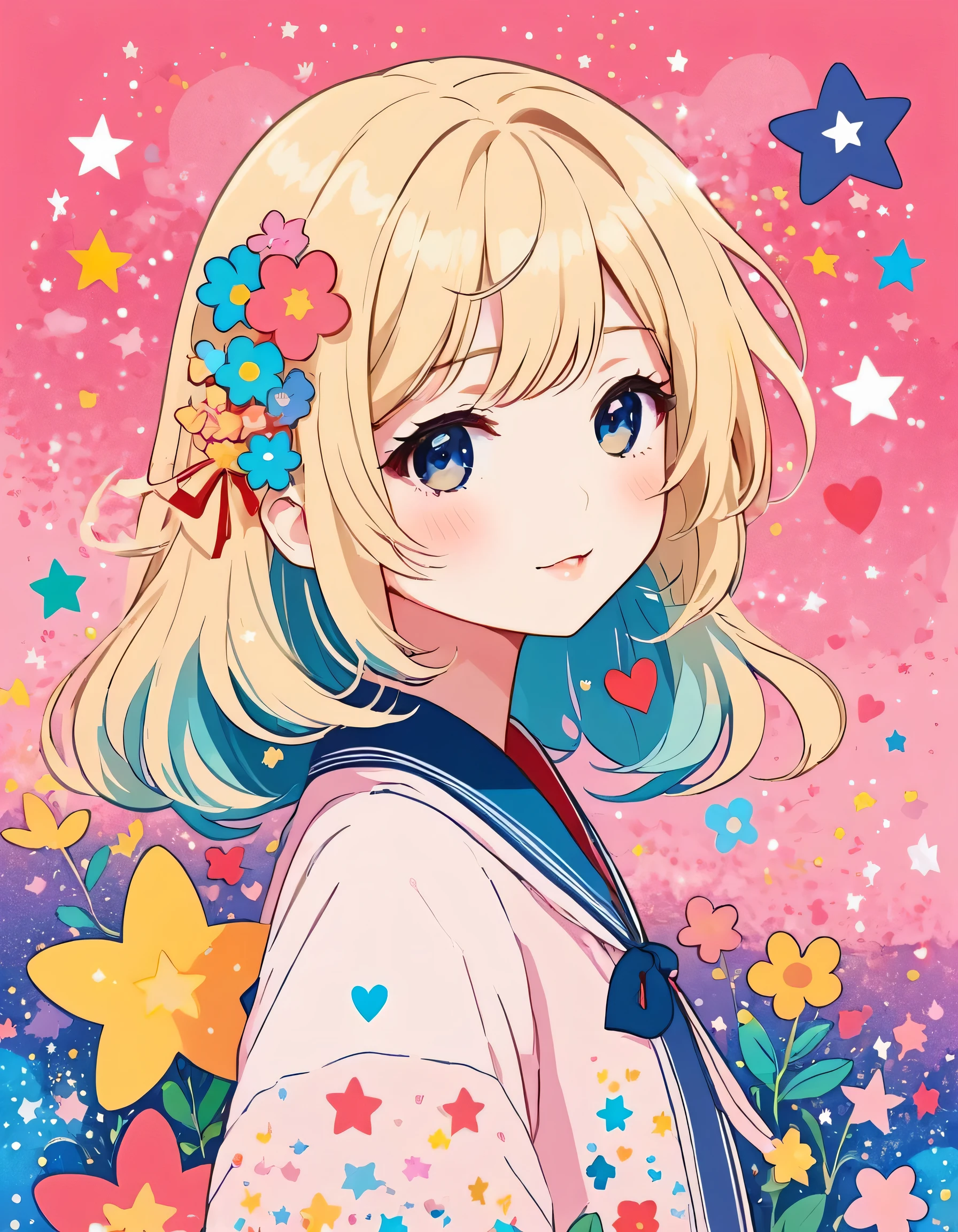 Mika Pikazo style, Simple Line Initialism，Abstract art，Kawaii Design, The most beautiful girl of all time、chibi, The background is star dust, colorful hearts, colorful flowers, 