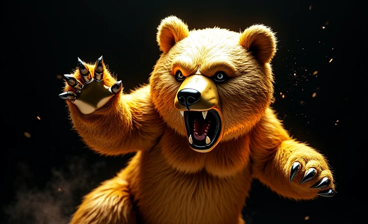 an angry shiny chrome gold bear attacking from above with its paw, black backdrop