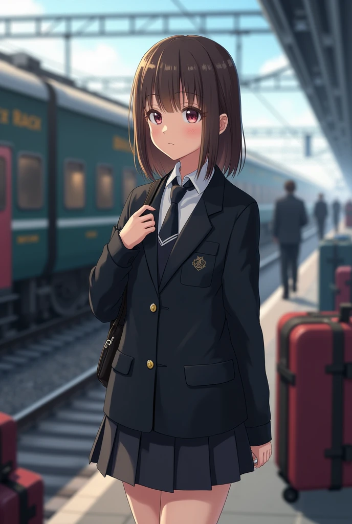 Picture of a short girl, light eyes, 19 year old brown straight hair, Black school uniform with tie, Blazer y falda collegial. In the background a train with suitcases