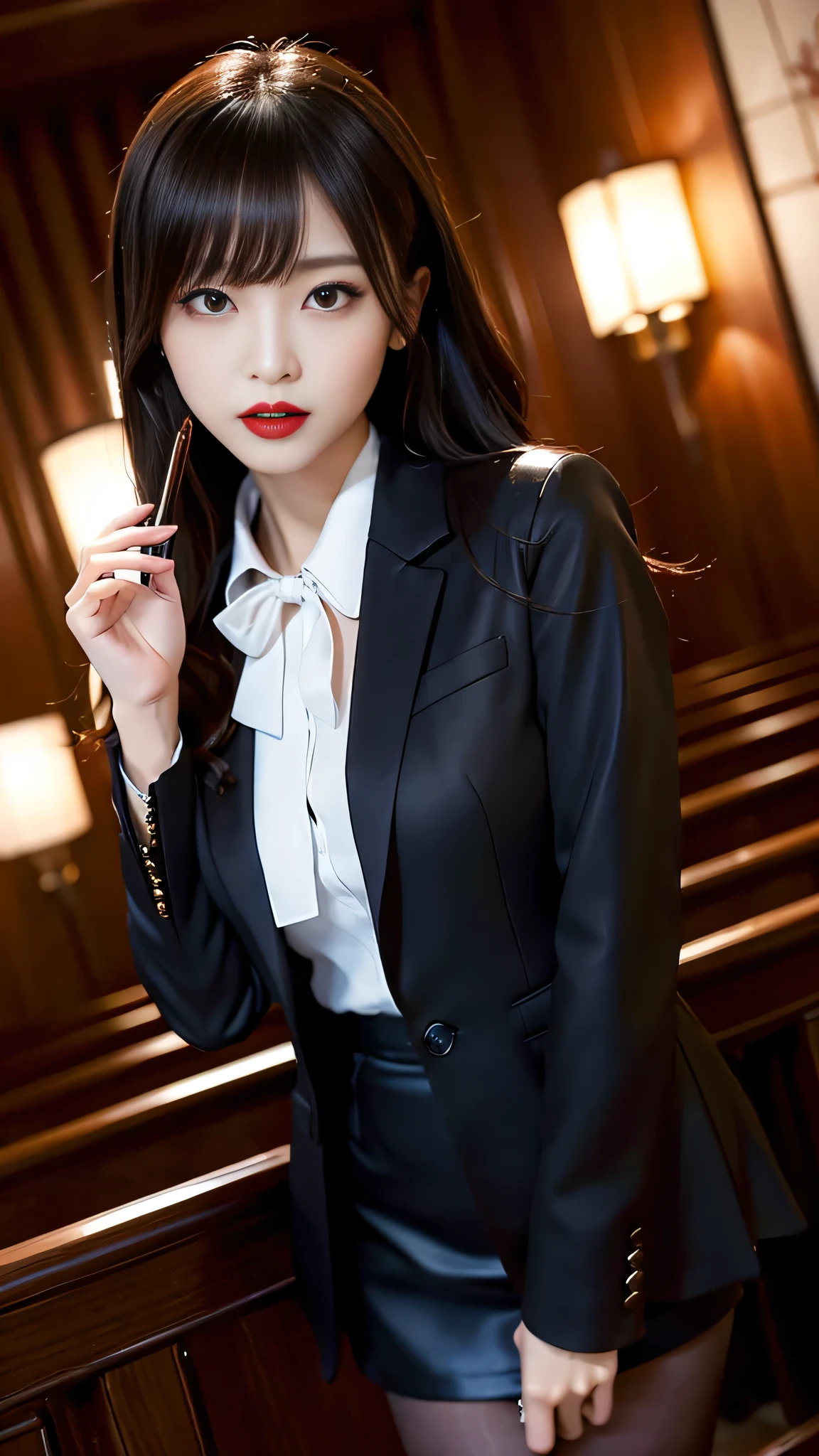 tra-detailed、Japanese、Attractive beauty、seductive adult woman、Pretty Woman、piercing eyes、cool girl、wavy hair、swept bangs、suit、Jacket、blouse、ribbon、Tight Skirt、pantyhose、Shiny beautiful legs、Evil cadres、Fallen into evil、brainwash、mind control、lipstick、Lip gloss、dark makeup、smirk、Evil expression、evil、hollow eyes,half-closed eyes、Hollow Eyes、evil、Night room、Church at night、Vampire、Succubus、vampire、Swear allegiance、Are standing