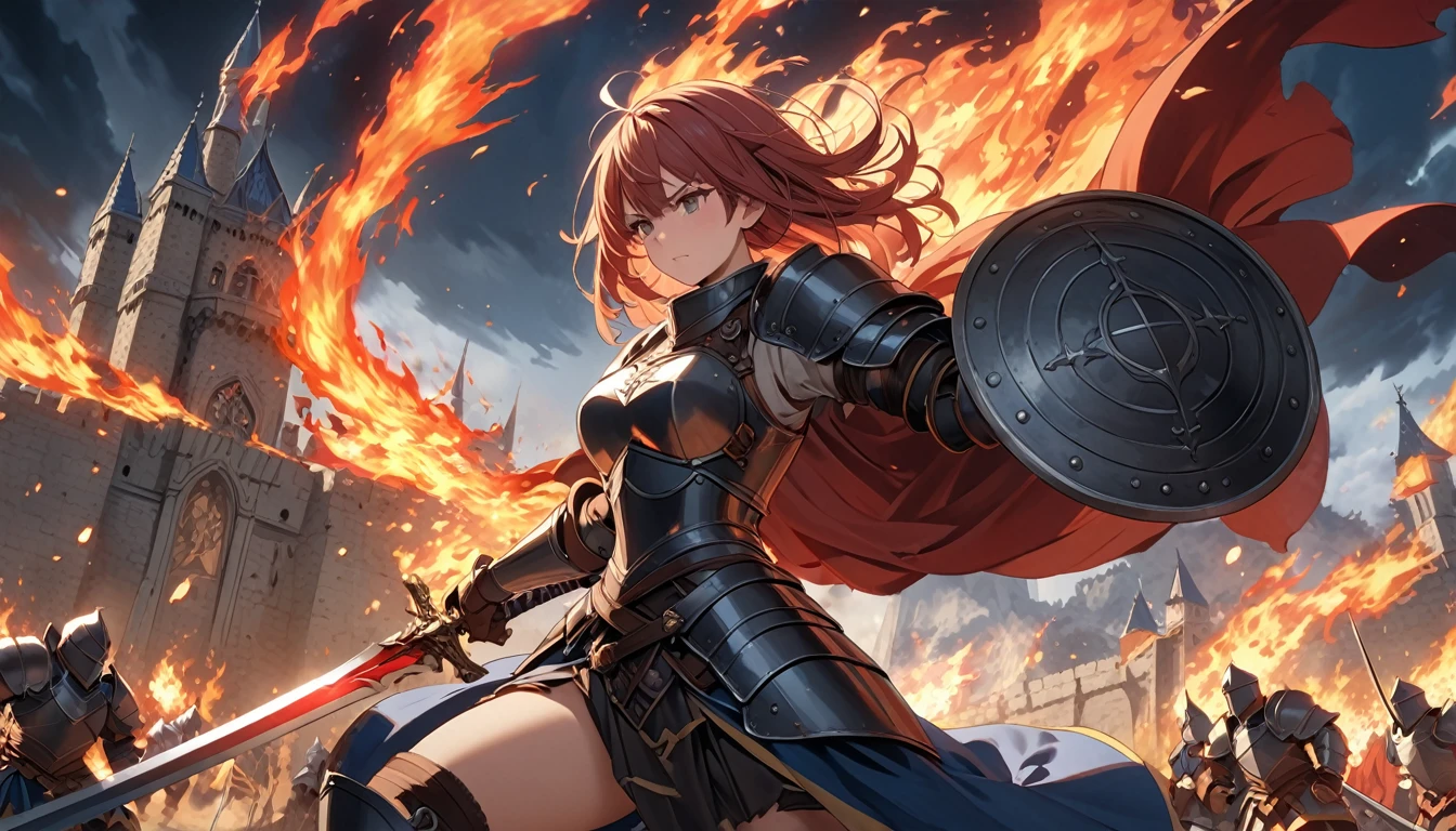 **171. One person。Female knight battle scene。Medieval fantasy world。Cowboy shot or close-up。
masterpiece, best quality, ultra detailed (Detailed fingers), (Emotional), (Breathtakingly beautiful),
(main part: 1.2 Whole body。), (Anime Style), (Very detailed), (Brutal),
(超High resolution, High resolution), (8k), (High resolution: 1.2), (Complex and beautiful: 1.2)**
- background: In front of an ancient castle、The night sky is burning and the flames of fierce battle are spreading。
- Female Knight: Heavy armored female knight、Wields a shining long sword and a protective shield。
-pose: In the middle of the battle、The moment you rush towards the enemy。
-expression: A look of determination and calmness、Feel the tension of the battlefield。
- Effects: The sword glows in the flames、Effects that emphasize the intensity of the battlefield。
-color: Steel blue and flame red、Contrast that emphasizes the intensity of the battle。