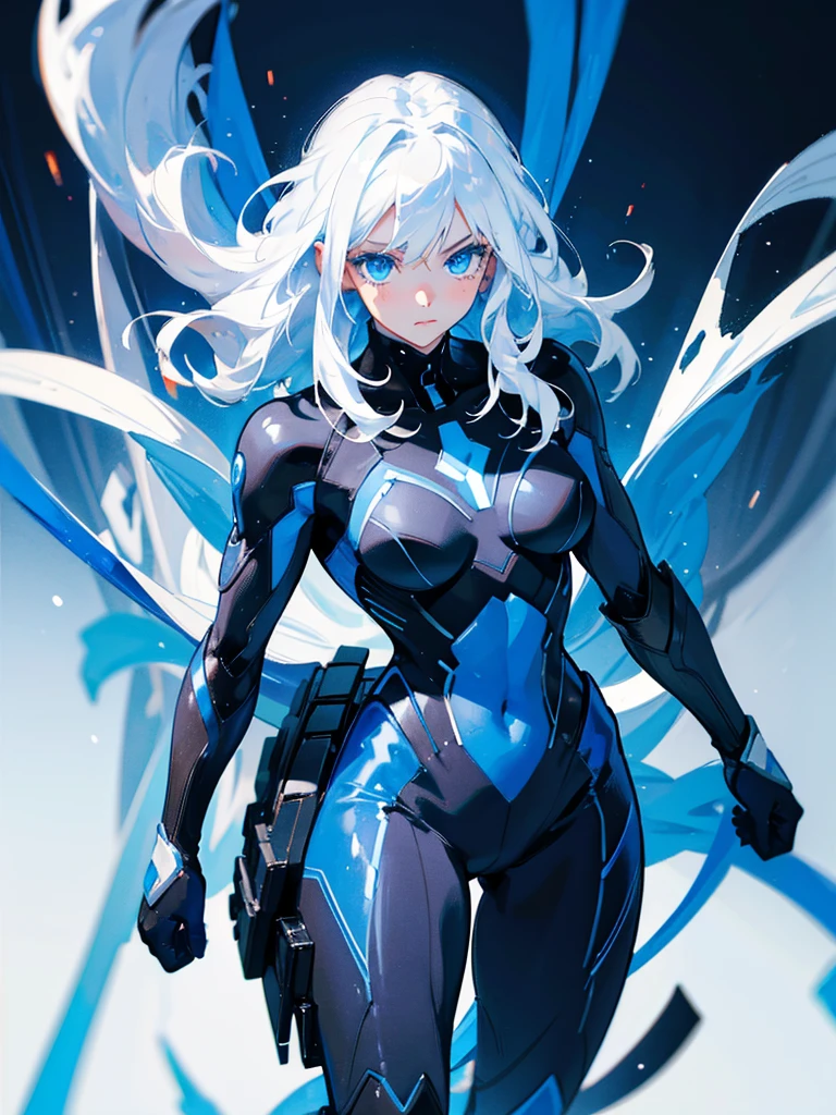 Hot girl, white hair, blue eyes, black superhero suit
