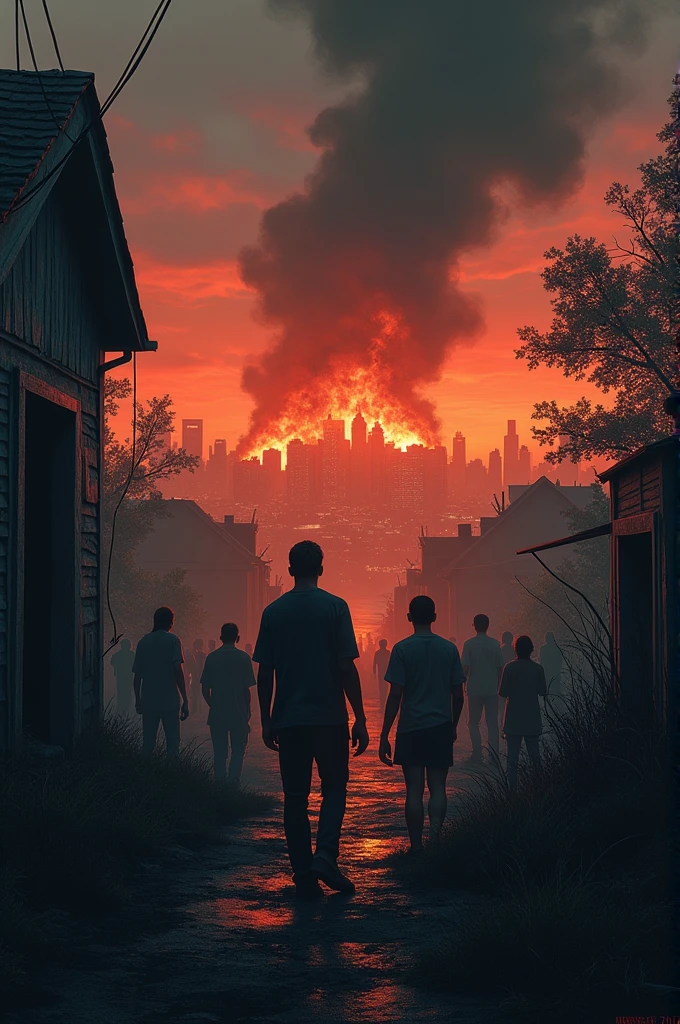 A city in the distance in flames with zombies and a few people seeing everything from a house.