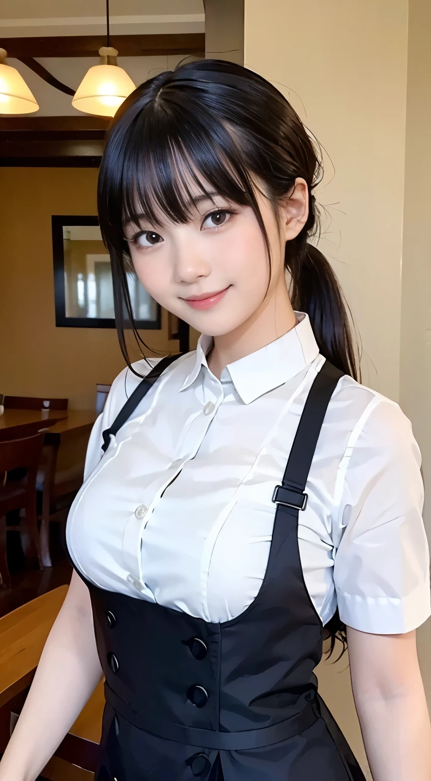 (Highest quality,masterpiece:1.3,Ultra-high resolution,),(Very detailed,Caustics),(Realistic:1.4,RAW shooting,)Ultra-Realistic Capture,Very detailed,High resolution 16K human skin closeup。 Natural skin texture、,pores、、、、It must be detailed enough to be easily identifiable。 Skin tone is even and healthy looking。 Use natural light and colour,restaurant,Waitress Uniform,1 girl,Japanese,18-year-old,cute,Black-haired,ponytail,Big Breasts,smile,Turn your body forward,(Front view:1.1),Looking into the camera,Cowboy Shot,