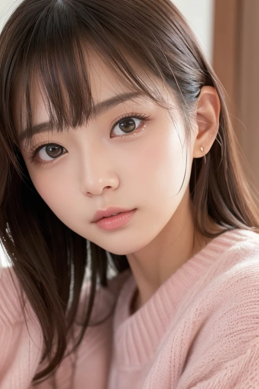 高品質in超リアルなポートレート。彼女は小さく繊細な顔立ちin、I have a slightly round face shape。Her expressive almond eyes gaze kindly and warmly.、私は眉毛が強いinす。肌は無垢in透き通るような白さin、It has a natural shine。(彼女の髪は茶色inピクシーカット:1.5)in、シンプルinエレガントに整えられています。メイクはナチュラルin、Light foundation and subtle blush、Uses a soft pink lip color。ライティングはソフトin自然な光を使用し、Accentuating facial features、Do not emphasize shadows。背景はシンプルinぼかしたグラデーションin、Focus on the face。