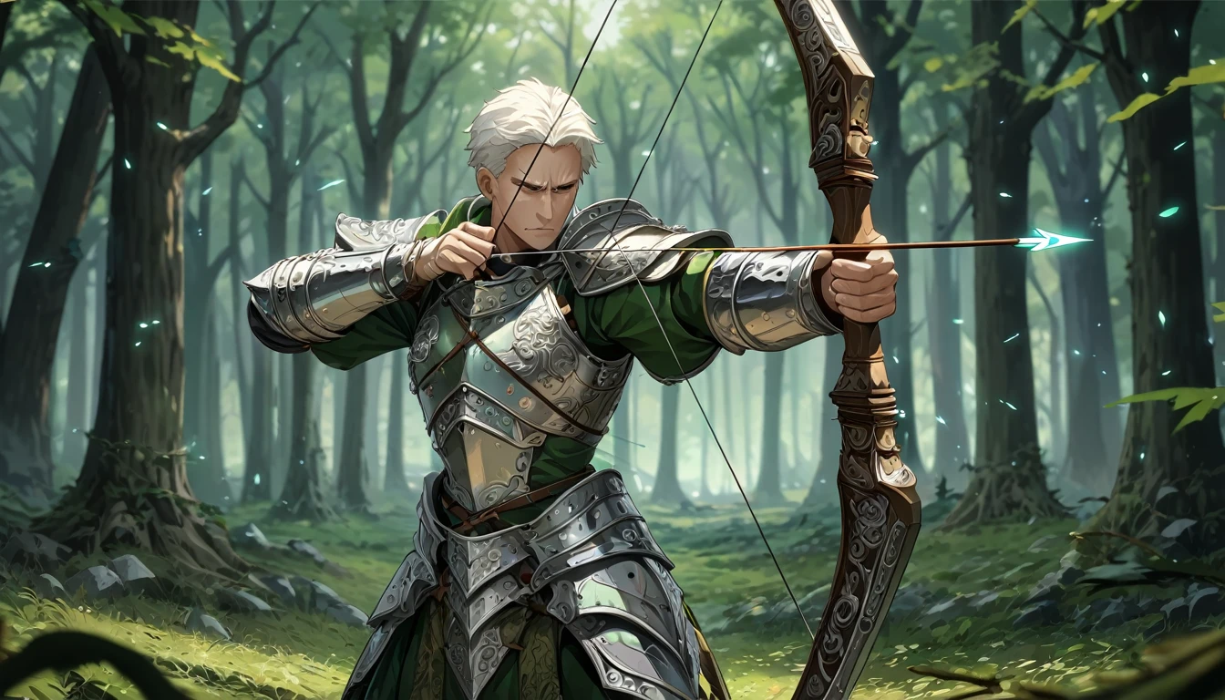 **172. One person。Archery battle scene。Medieval fantasy world。Cowboy shot or close-up。
masterpiece, best quality, ultra detailed (Detailed fingers), (Emotional), (Breathtakingly beautiful),
(main part: 1.2 Whole body。), (Anime Style), (Very detailed), (Brutal),
(超High resolution, High resolution), (8k), (High resolution: 1.2), (Complex and beautiful: 1.2)**
- background: Deep in the forest、The light filtering through the leaves and the tension of battle are in the air.。
- Archer: Light Armored Archer、Holding a bow with a glowing arrow。
-pose: Target the enemy、The moment of shooting an arrow。
-expression: A look of concentration and calmness、Predicts accurate shooting。
- Effects: The light trail at the moment the arrow is released creates a dynamic effect。
-color: The green of the forest and the bright white of the arrow、Contrast reflecting the tension of nature and combat。