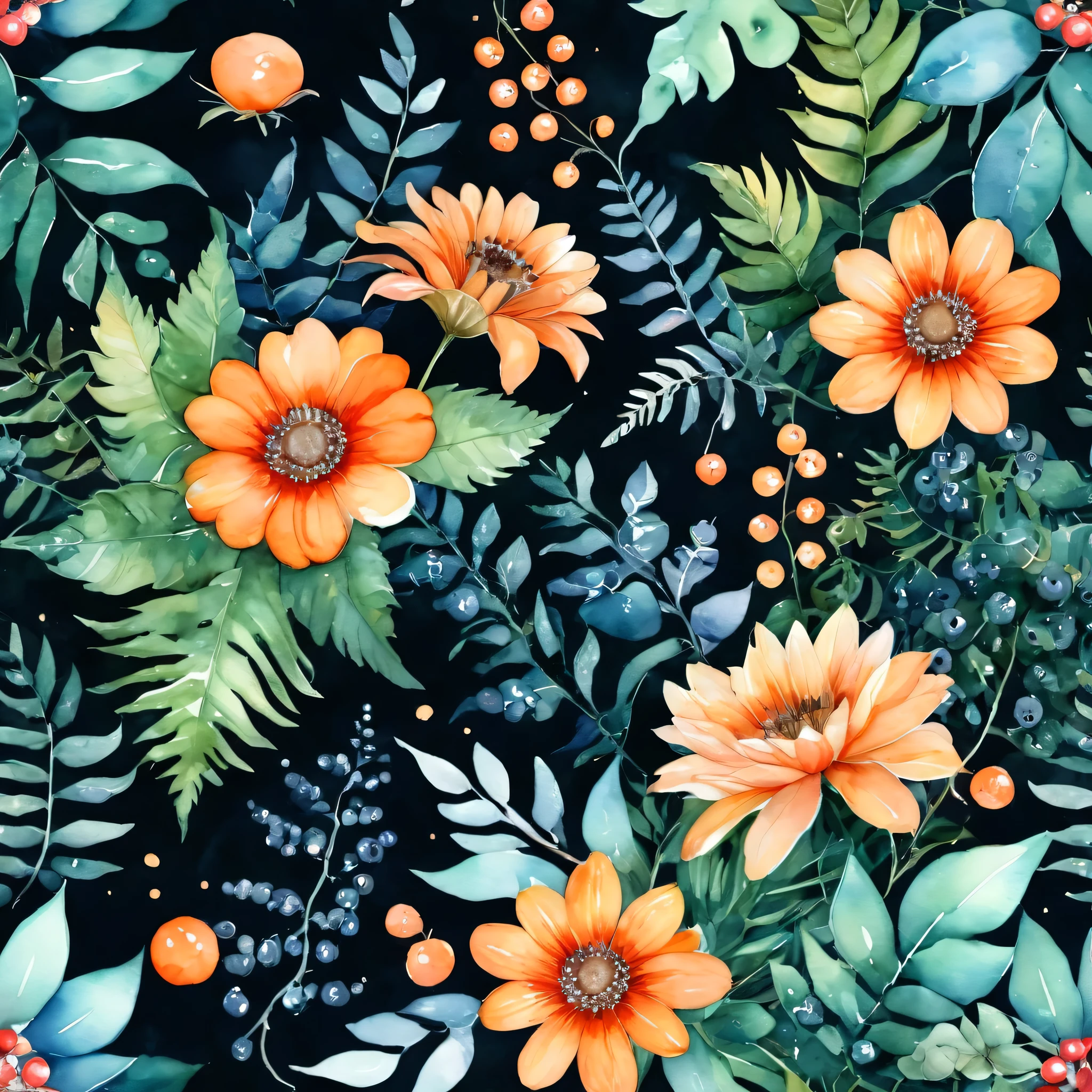 watercolor pattern of beautiful wonderland flowers, orange flowers, berries, ferns, leaves, calm colors on a #3b4195 color background. Watercolor paper texture.