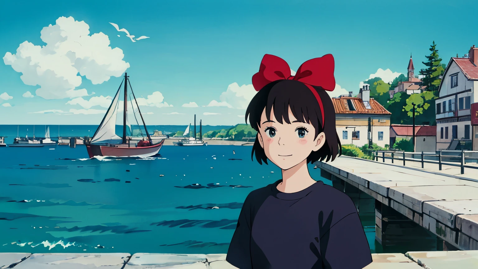 Ghibli style, Kiki \(majo no takkyuubin\), One girl,, bangs, Iris, Black Hair, black shirt, blush, smile、bow, bow hair band, hair bow, hair band, Outdoor, red bow, red hair band, shirt, short hair, alone, sunlight, European style port town、High ground、Upper body with the sea visible in the distance, Happy , ((masterpiece))