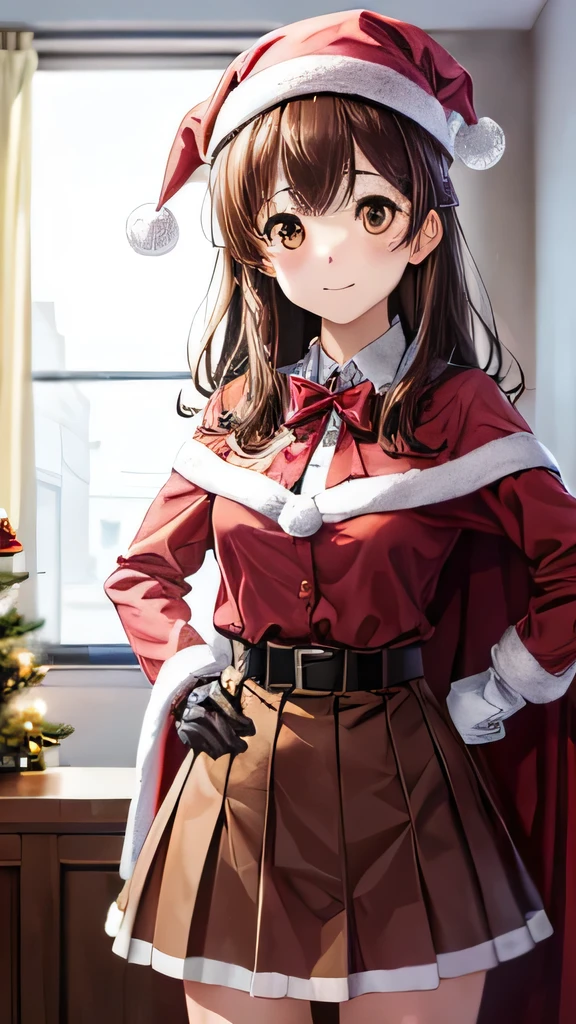 Sayuogiwara, Sayu Ogiwara, Next to the chestnuts, (Brown eyes:1.5), Medium Hair,High quality anime girl with brown hair and brown eyes.、[3Dimage:1.25],[[Attractive eyes,Detailed Eyes、Shining Eyes, Colorful eyes:1.1]],Absolute References、Cowboy Shot,(Thin fingers:1.1)、Place one hand on hip、Front view、Cute anime illustrations、8Ｋimage、A girl who is cute no matter who you look at.、Inside the room、cute red and white dress、High resolution、Sharp focus、hair band、gloves、Christmas、Red Cape、Santa hat、Dresses in Christmas colors,skirt lift, まんこを開いて座る

