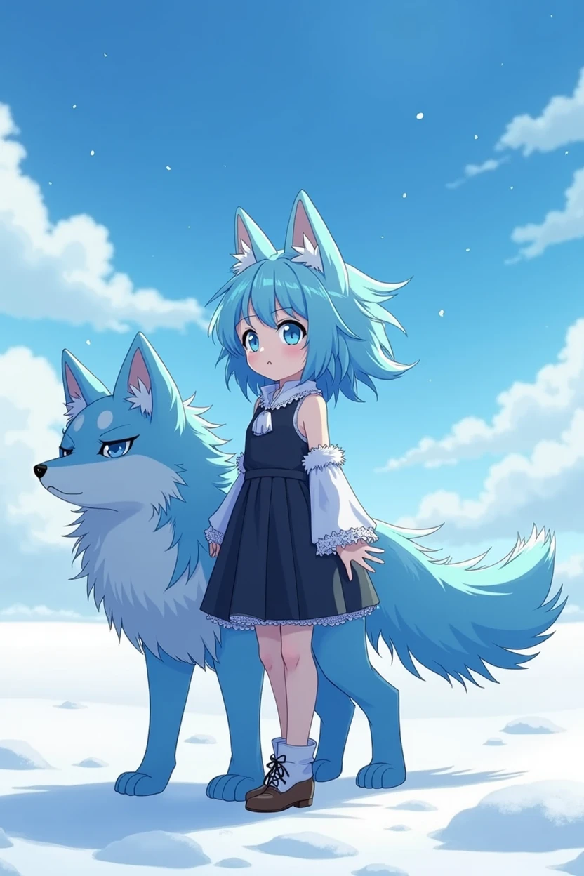 anime,Change, human girl,Whole body, by the wide, blue fur, blue eyes, black and white clothes, small stature,
snowy place background