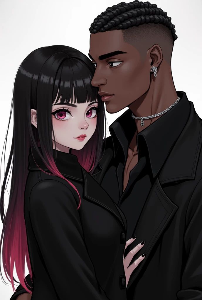 e-girl with a black coat, straight hair with a few strands of hair dyed a little pink, a little towards red, with the rest of her hair black, a little of that color on the bangs, and a dark-skinned man with short hair shaved on the side, with a thick cord, with a black blouse