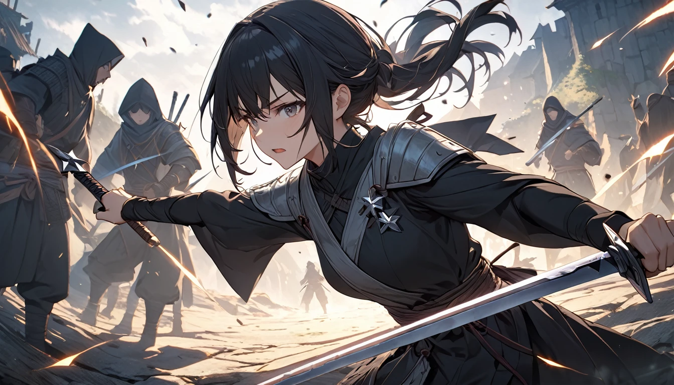 **174. One person。Ninja fighting scene。Medieval fantasy world。Cowboy shot or close-up。
masterpiece, best quality, ultra detailed (Detailed fingers), (Emotional), (Breathtakingly beautiful),
(main part: 1.2 Whole body。), (Anime Style), (Very detailed), (Brutal),
(超High resolution, High resolution), (8k), (High resolution: 1.2), (Complex and beautiful: 1.2)**
- background: Moonlit Ninja Village、A tense landscape where shadow and light intersect。
- Ninja: Ninja in black outfit、Holding a glowing shuriken and a sword。
-pose: Sneaking up to the enemy、The moment of pulling out the sword。
-expression: Calm and sharp expression、Feel the tension of the battle。
- Effects: The light trail and shadow effect at the moment the shuriken is thrown is dynamic。
-color: Black of darkness and silver of shuriken、Contrast that emphasizes tension。