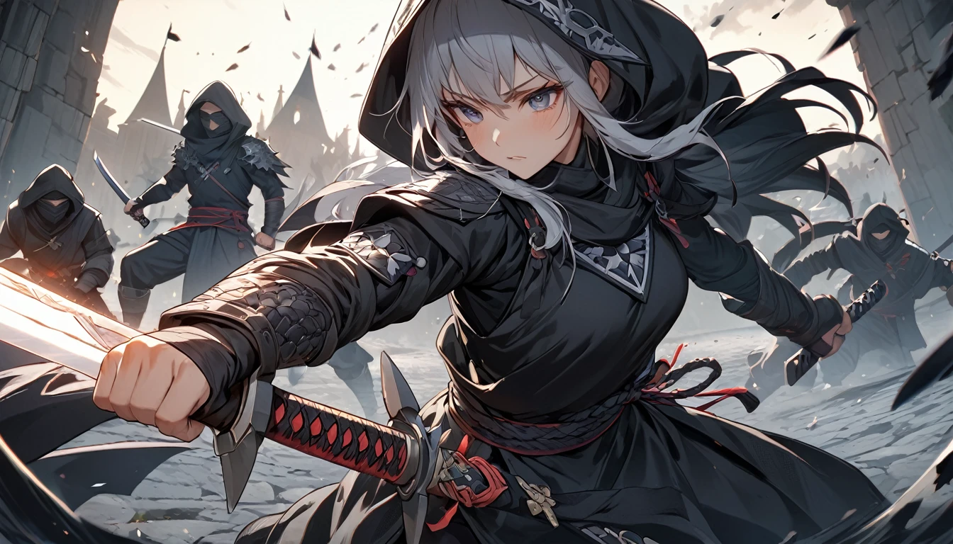 **174. One person。Ninja fighting scene。Medieval fantasy world。Cowboy shot or close-up。
masterpiece, best quality, ultra detailed (Detailed fingers), (Emotional), (Breathtakingly beautiful),
(main part: 1.2 Whole body。), (Anime Style), (Very detailed), (Brutal),
(超High resolution, High resolution), (8k), (High resolution: 1.2), (Complex and beautiful: 1.2)**
- background: Moonlit Ninja Village、A tense landscape where shadow and light intersect。
- Ninja: Ninja in black outfit、Holding a glowing shuriken and a sword。
-pose: Sneaking up to the enemy、The moment of pulling out the sword。
-expression: Calm and sharp expression、Feel the tension of the battle。
- Effects: The light trail and shadow effect at the moment the shuriken is thrown is dynamic。
-color: Black of darkness and silver of shuriken、Contrast that emphasizes tension。