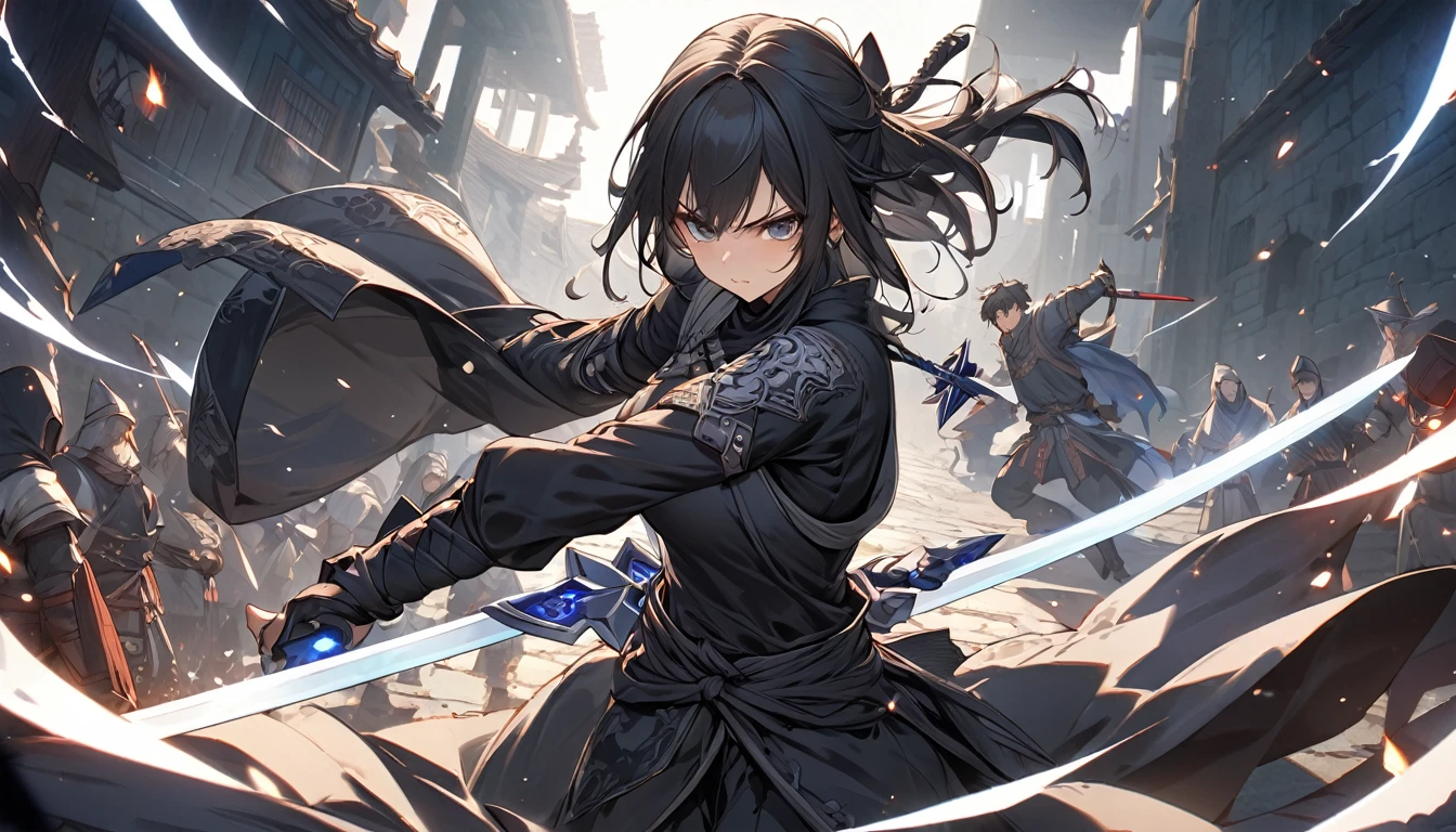 **174. One person。Ninja fighting scene。Medieval fantasy world。Cowboy shot or close-up。
masterpiece, best quality, ultra detailed (Detailed fingers), (Emotional), (Breathtakingly beautiful),
(main part: 1.2 Whole body。), (Anime Style), (Very detailed), (Brutal),
(超High resolution, High resolution), (8k), (High resolution: 1.2), (Complex and beautiful: 1.2)**
- background: Moonlit Ninja Village、A tense landscape where shadow and light intersect。
- Ninja: Ninja in black outfit、Holding a glowing shuriken and a sword。
-pose: Sneaking up to the enemy、The moment of pulling out the sword。
-expression: Calm and sharp expression、Feel the tension of the battle。
- Effects: The light trail and shadow effect at the moment the shuriken is thrown is dynamic。
-color: Black of darkness and silver of shuriken、Contrast that emphasizes tension。