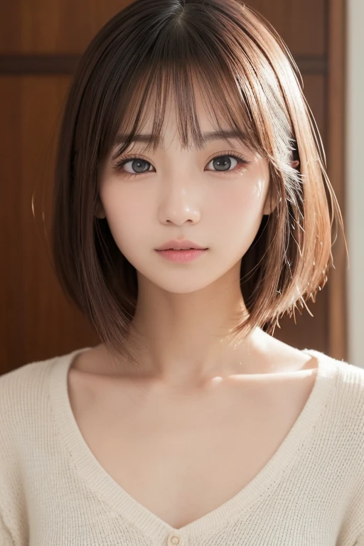 高品質in超リアルなポートレート。彼女は小さく繊細な顔立ちin、I have a slightly round face shape。Her expressive almond eyes gaze kindly and warmly.、私は眉毛が強いinす。肌は無垢in透き通るような白さin、It has a natural shine。(彼女の髪は茶色inピクシーカット:1.5)in、シンプルinエレガントに整えられています。メイクはナチュラルin、Light foundation and subtle blush、Uses a soft pink lip color。ライティングはソフトin自然な光を使用し、Accentuating facial features、Do not emphasize shadows。背景はシンプルinぼかしたグラデーションin、Focus on the face。