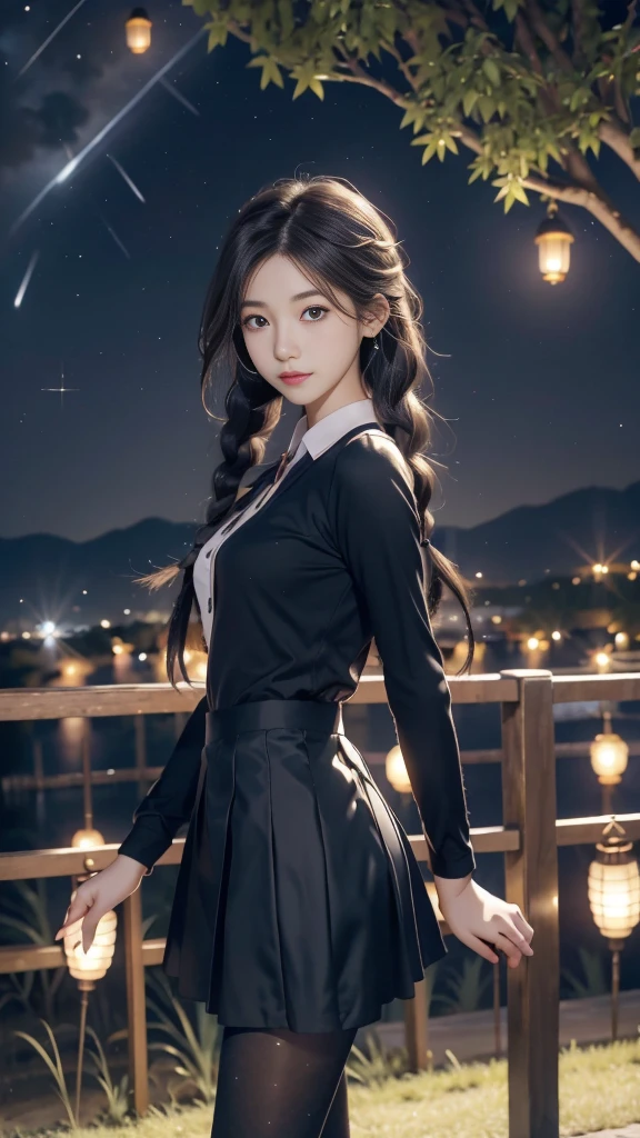 ulzzang-6500-v1.1, (RAW photo: 1.2), (Real photo), (Real photo: 1.4), 1 girl、Perfect anatomy、19 years old、Looking at the camera、Medium length hair、side braids, uniform short skirt, in a surreal royal garden, with many hanging lanterns, under the starry night sky, ((starry night: 1.1))、(Surreal tights: 1.2), (Business service)、Asian eyes Ella,