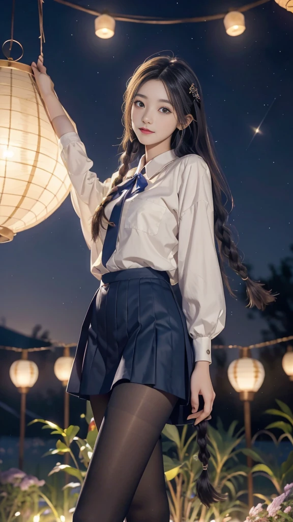 ulzzang-6500-v1.1, (RAW photo: 1.2), (Real photo), (Real photo: 1.4), 1 girl、Perfect ???????、19 years old、Looking at the camera、Medium length hair、side braids, uniform short skirt, in a surreal royal garden, with many hanging lanterns, under the starry night sky, ((starry night: 1.1))、(Surreal tights: 1.2), (Business service)、Asian eyes Ella,