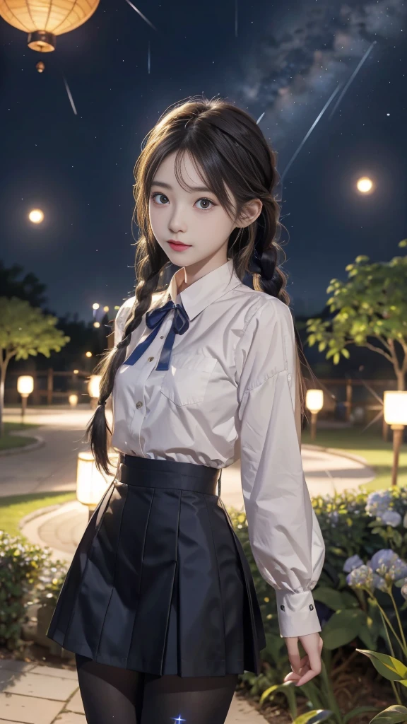 ulzzang-6500-v1.1, (RAW photo: 1.2), (Real photo), (Real photo: 1.4), 1 girl、Perfect anatomy、19 years old、Looking at the camera、Medium length hair、side braids, uniform short skirt, in a surreal royal garden, with many hanging lanterns, under the starry night sky, ((starry night: 1.1))、(Surreal tights: 1.2), (Business service)、Asian eyes Ella,