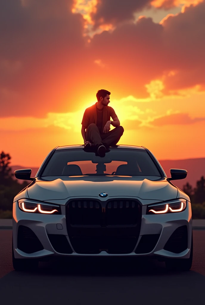 A man sitting on the hood of a BMW watching the sunset